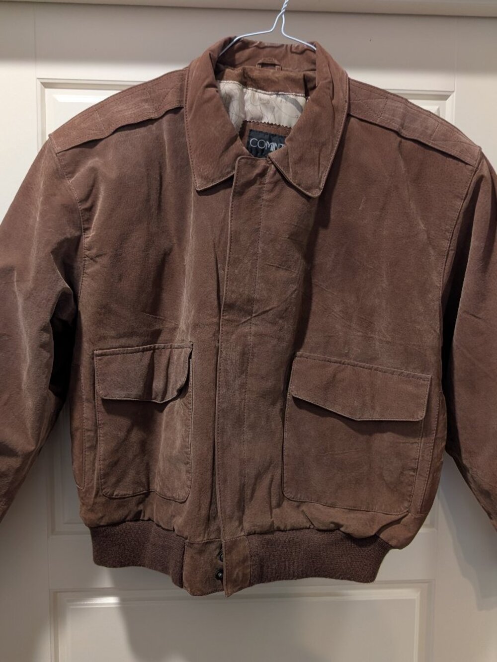 Vintage Brown Suede Leather Bomber Jacket Men’s Medium Map Lining Full Zip 90s